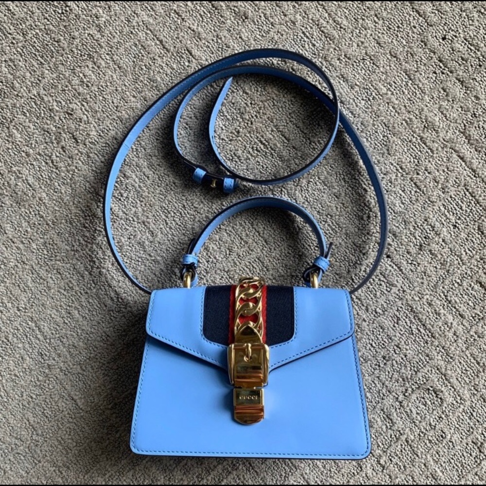 RARE GUCCI Blue Crossbody Mini Bag with Gold Accents with 3 Straps & Dust Bag! - Picture 5 of 10